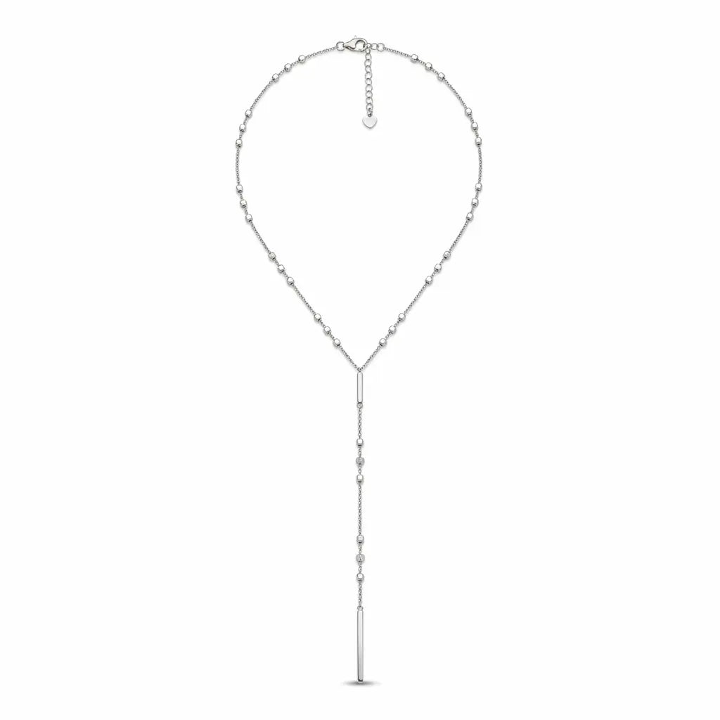Italian 925 sterling silver lariat Y necklace with a 60 cm beaded chain, geometric bar and 15 cm drop.