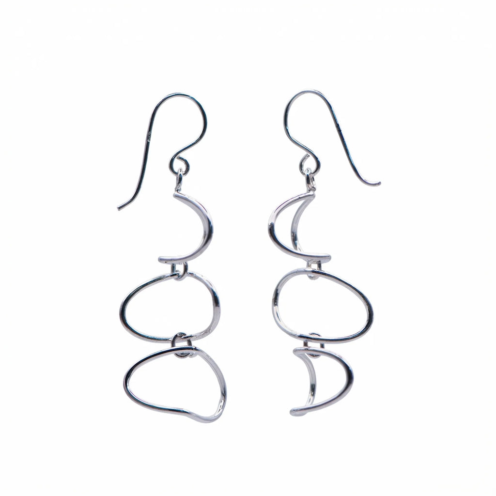 Abstract cascading loop drop earrings in 925 sterling silver on white background, 16x46mm Dubai