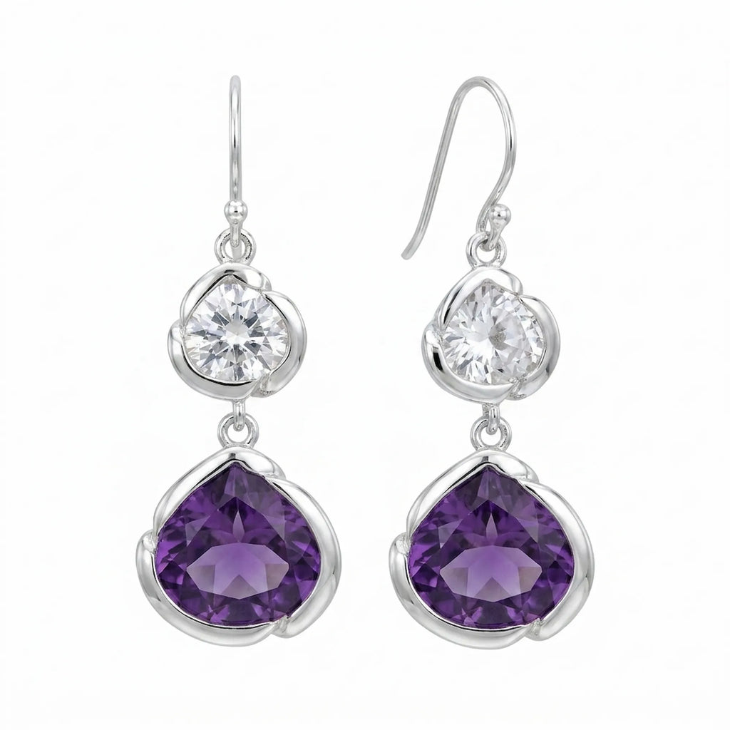 Amethyst and white topaz lotus dangle earrings in 925 silver, Luna Dura Dubai.