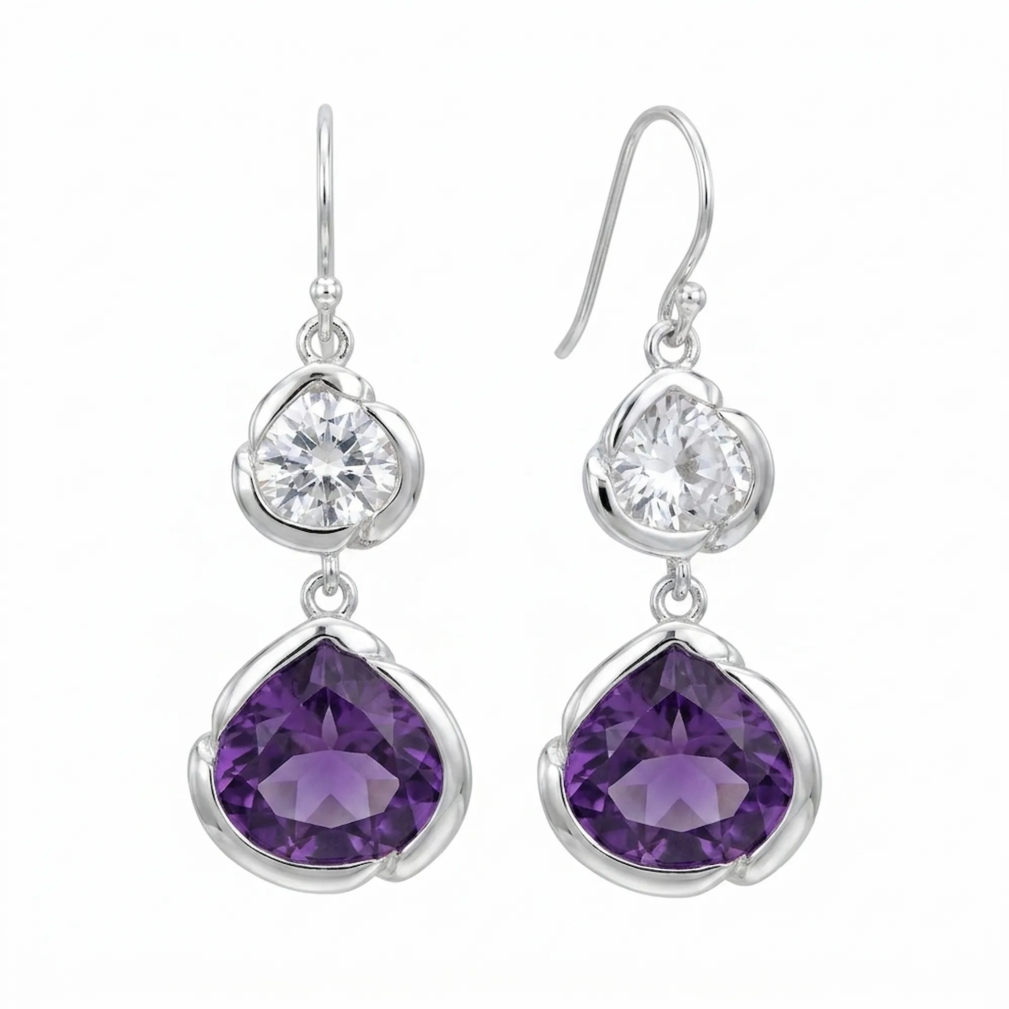Amethyst and white topaz lotus dangle earrings in 925 silver, Luna Dura Dubai.