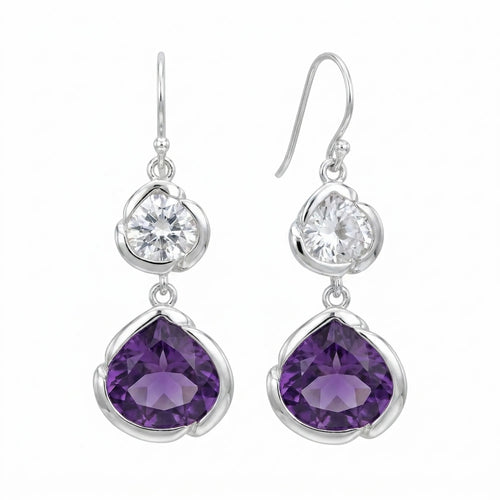 Amethyst and white topaz lotus dangle earrings in 925 silver, Luna Dura Dubai.