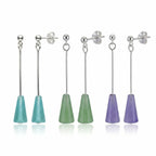 Lucite cone drop earrings in sage green, aqua blue and amethyst purple — 925 silver bar, post back, three color variants on white background