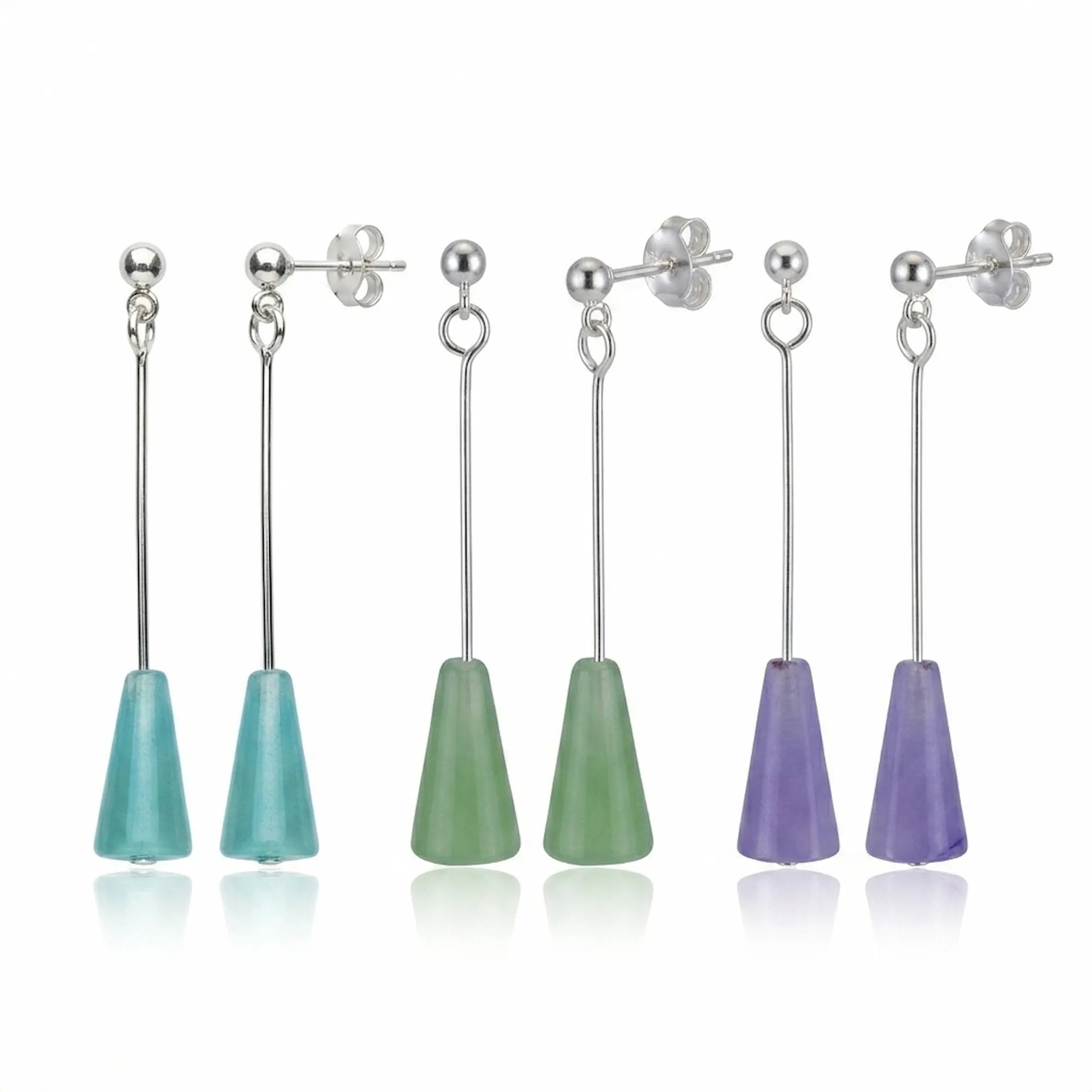 Lucite cone drop earrings in sage green, aqua blue and amethyst purple — 925 silver bar, post back, three color variants on white background