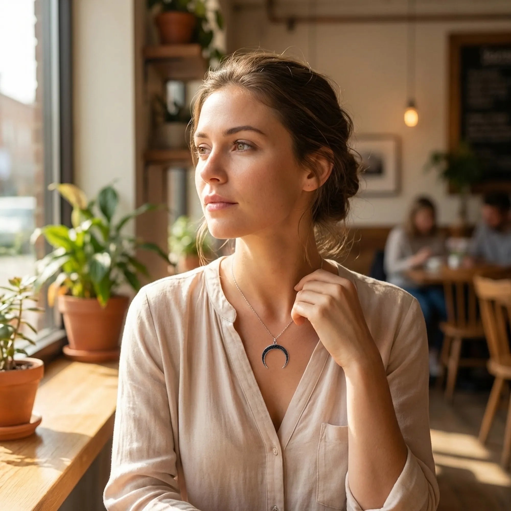 Lifestyle image of a woman wearing the Luna Dura sterling silver black zircon crescent pendant in a natural, bright cafe setting in Dubai