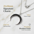 Product infographic for the Luna Dura crescent pendant detailing the 925 sterling silver material, rhodium finish, and 21x18mm dimensions