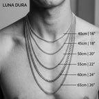 Black-and-white Luna Dura necklace sizing guide illustrating different chain styles and approximate lengths from 40 to 65 cm.