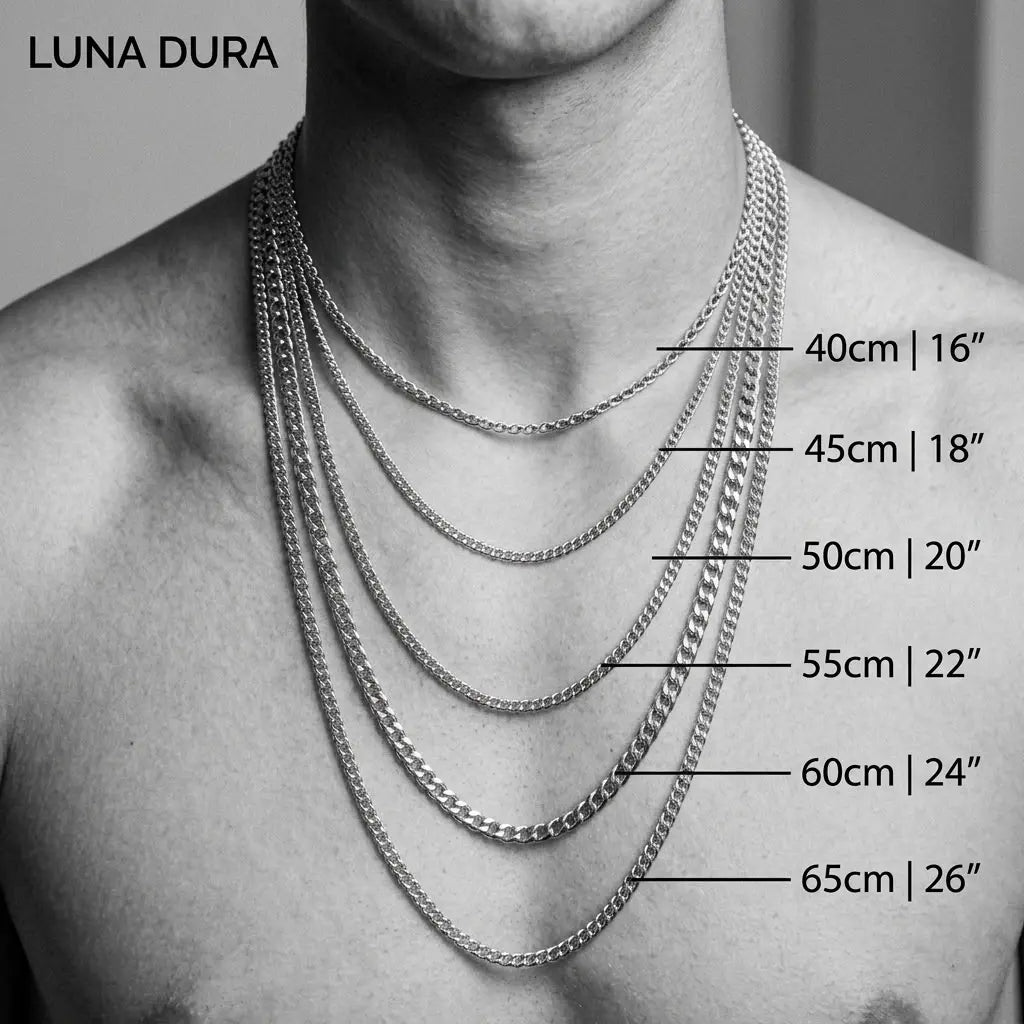 Black-and-white Luna Dura necklace sizing guide illustrating different chain styles and approximate lengths from 40 to 65 cm.