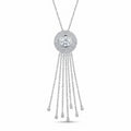 Frontal model view of the Surayya pave-set circle tassel necklace, highlighting the premium rhodium finish and liquid-silver chain design