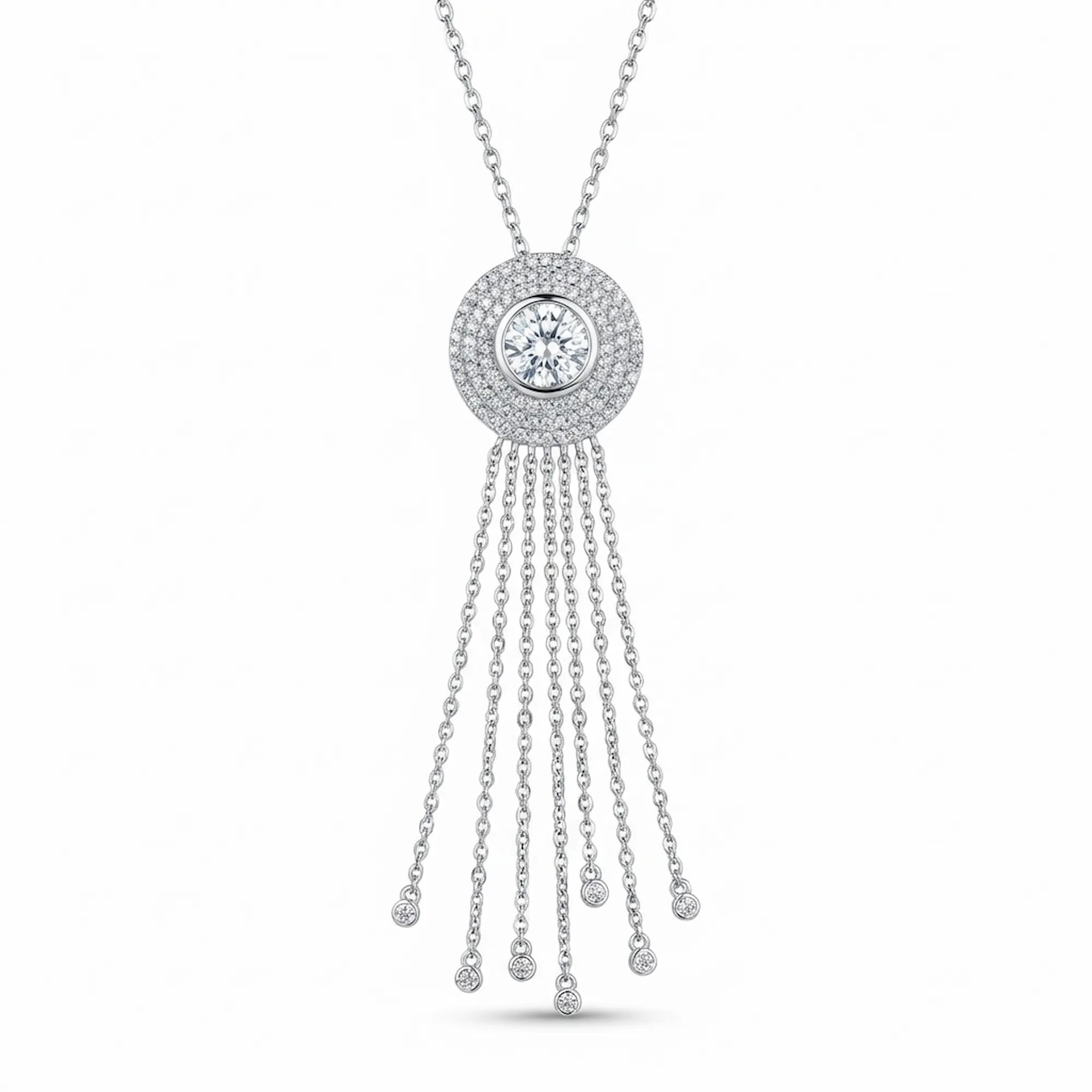 Frontal model view of the Surayya pave-set circle tassel necklace, highlighting the premium rhodium finish and liquid-silver chain design