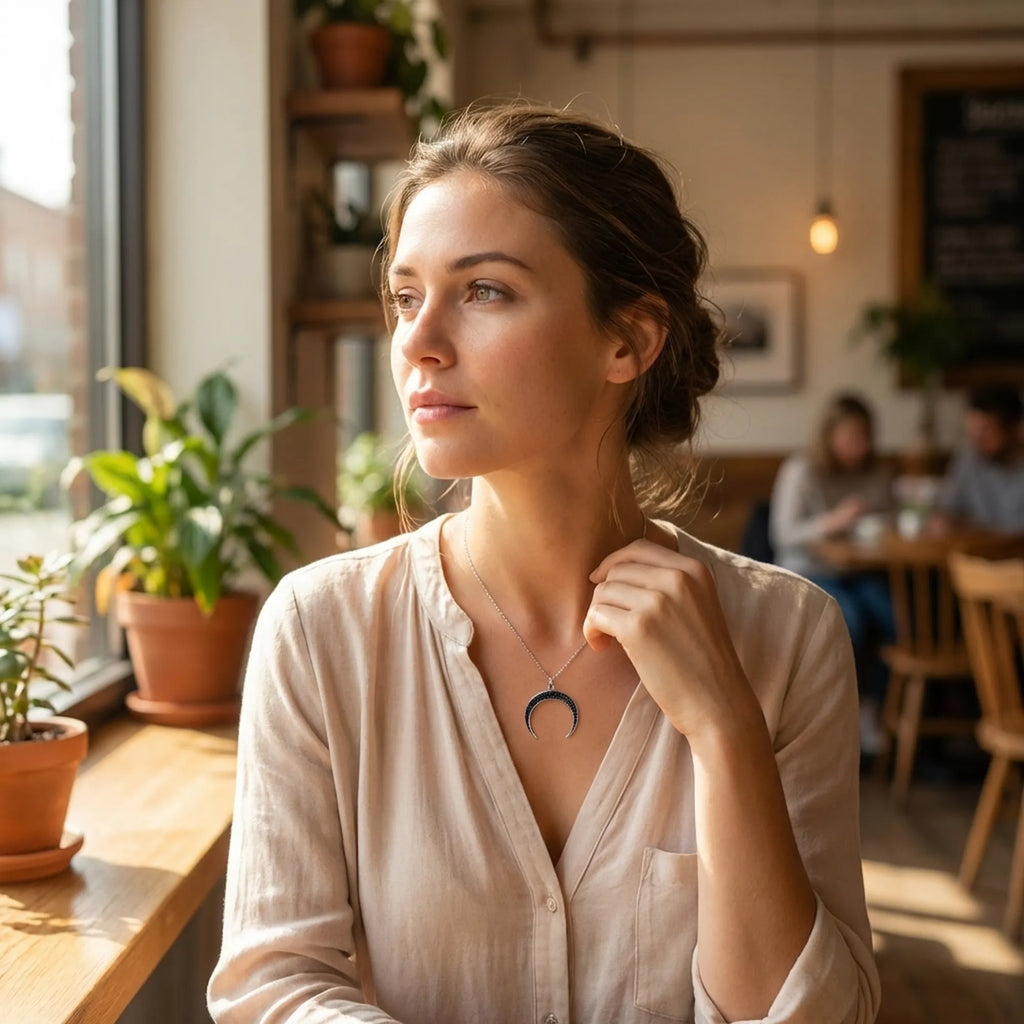 Woman wearing silver black CZ crescent necklace in Dubai cafe setting