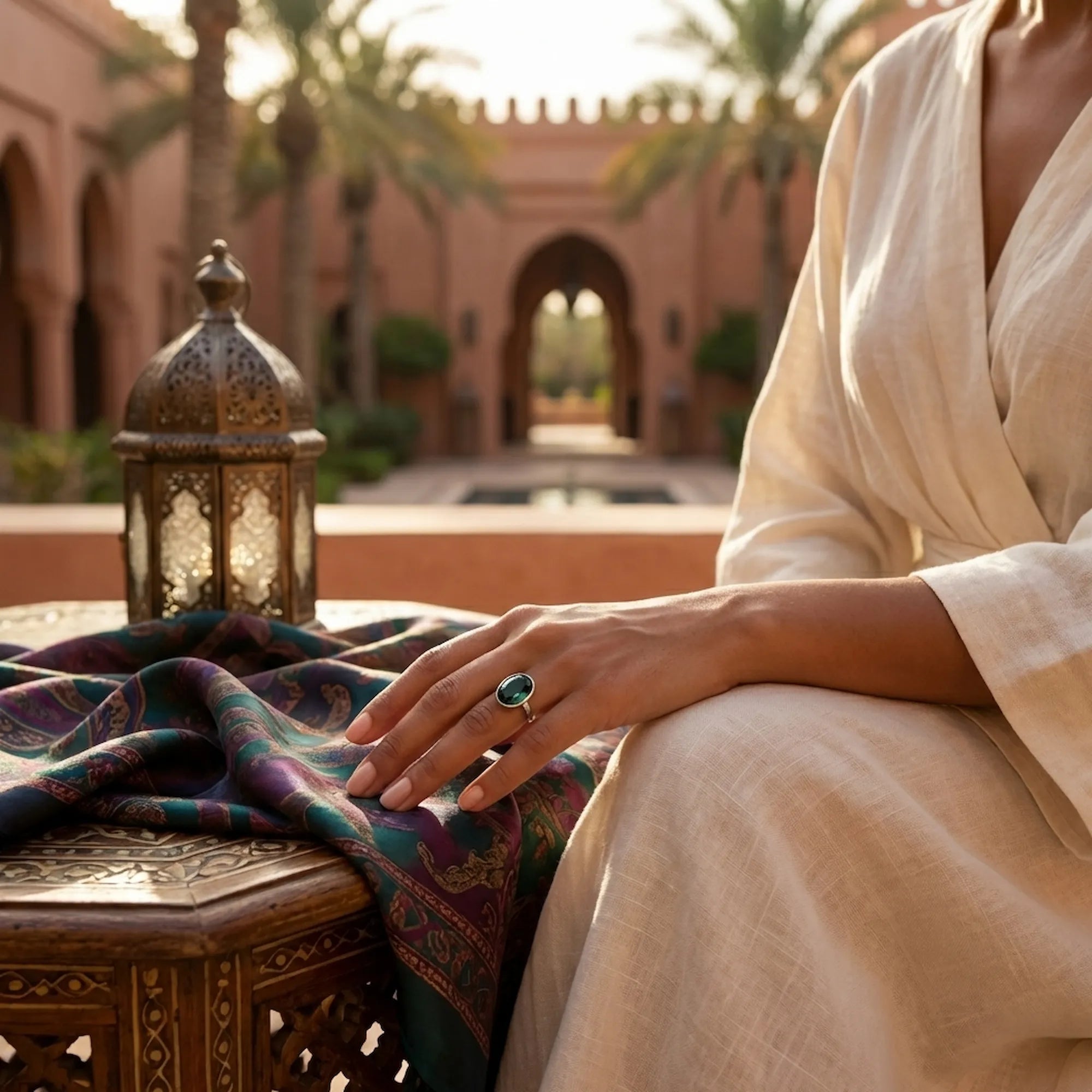 A woman elegantly wears the London Blue Topaz 925 sterling silver ring against a scenic Dubai architectural background at sunset.