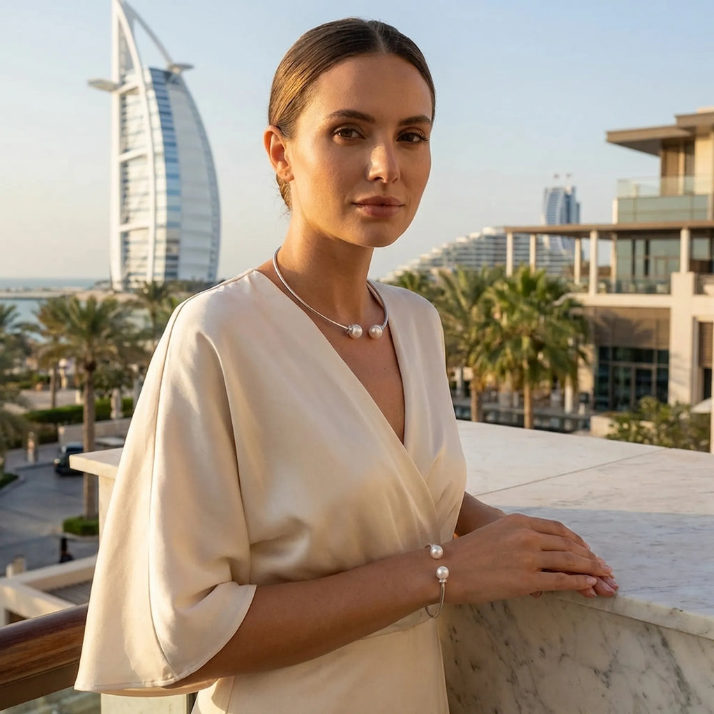 Sophisticated woman wearing the elegant pearl necklace set while posing on a balcony with the Burj Al Arab in Dubai in the background.