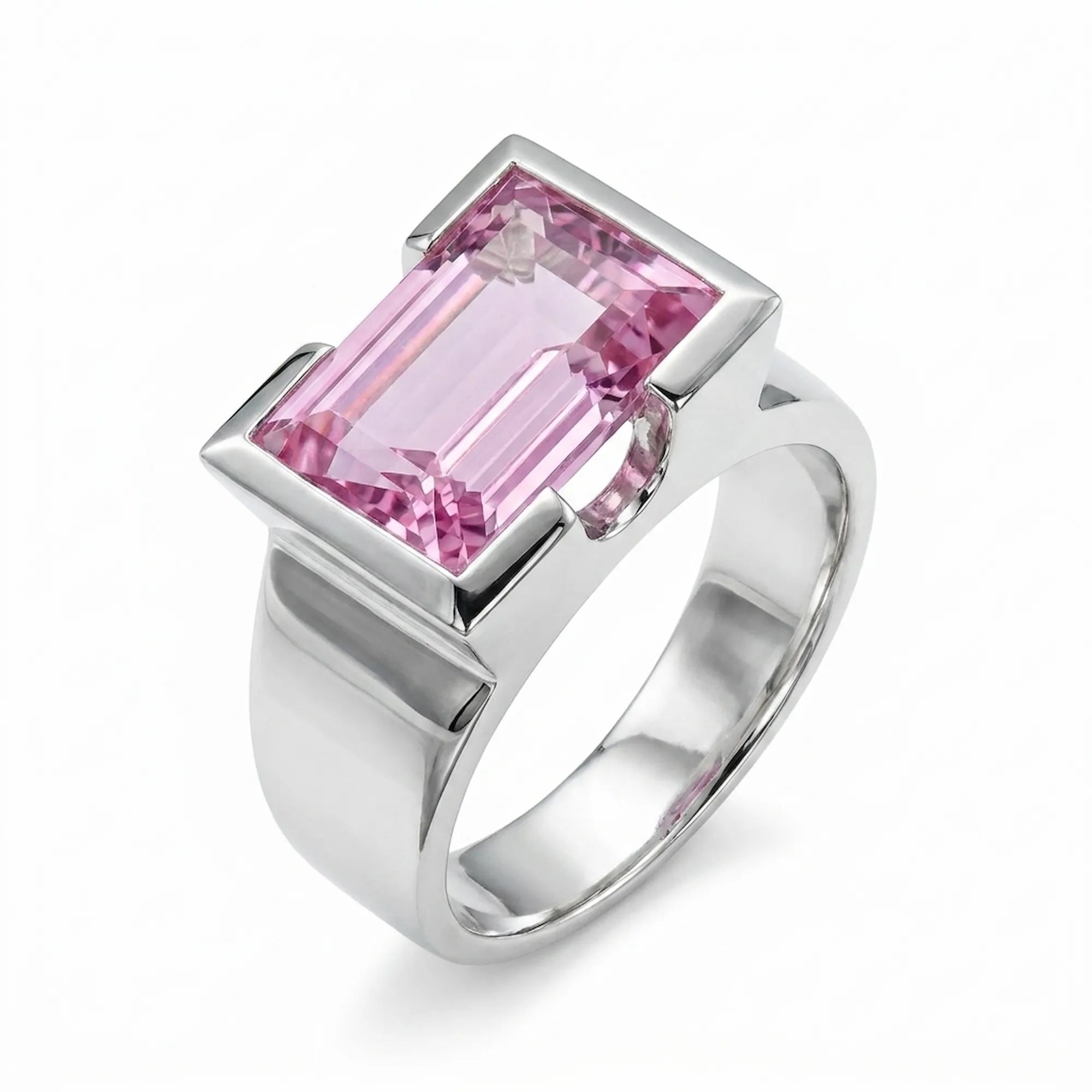 Macro photo of Silver ring with a pink gemstone on a white background