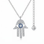 Silver necklace with Hamsa hand pendant featuring extender heart with 925 hallmark