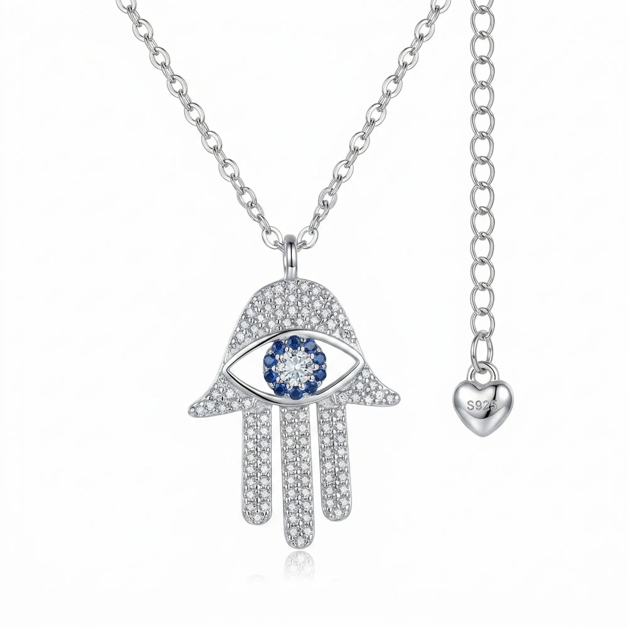 Silver necklace with Hamsa hand pendant featuring extender heart with 925 hallmark