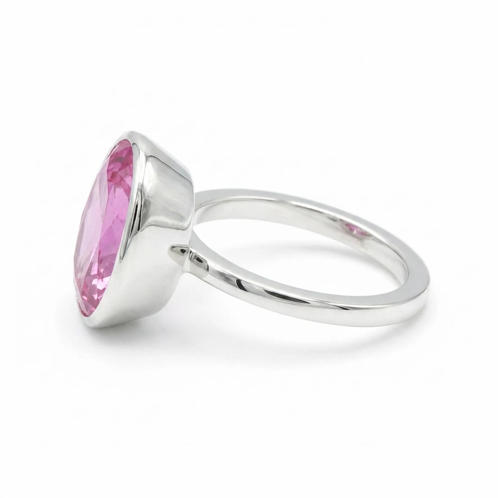 Back and side angle of the Large Oval Pink Purple Quartz Ring showing the solid 925 sterling silver setting and bright polish finish.