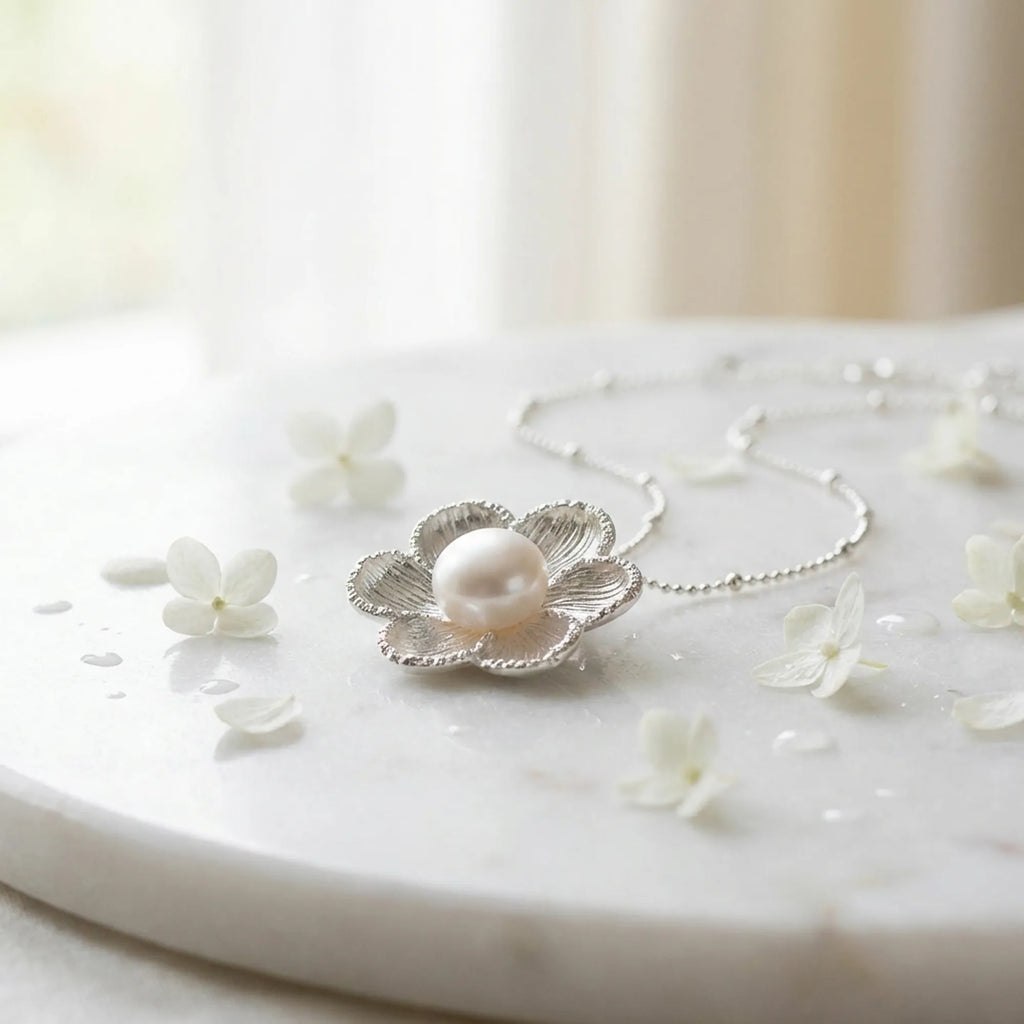 Silver magnolia pearl pendant on white marble surface with small white flowers, flatlay