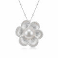 Six-petal magnolia pearl pendant necklace in 925 silver, white background front view