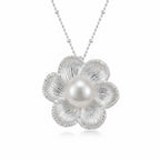 Six-petal magnolia pearl pendant necklace in 925 silver, white background front view