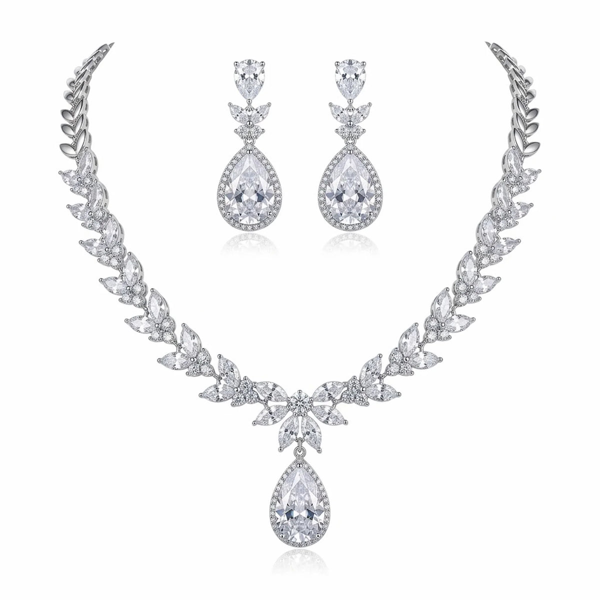 Rhodium-plated cubic zirconia necklace and earrings set featuring marquise leaf clusters and halo teardrop drops in Dubai.