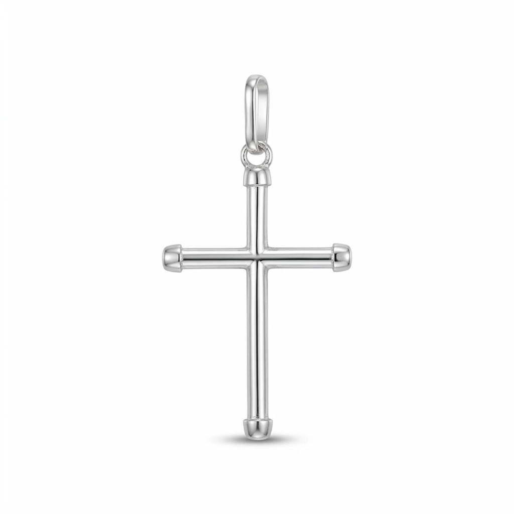 Polished 925 sterling silver tubular cross pendant with rounded ends and bail on white background in Dubai.