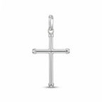 Polished 925 sterling silver tubular cross pendant with rounded ends and bail on white background in Dubai.