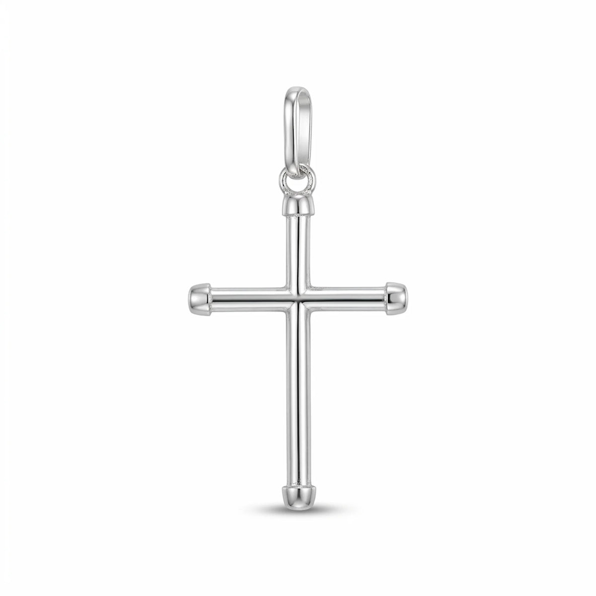 Polished 925 sterling silver tubular cross pendant with rounded ends and bail on white background in Dubai.