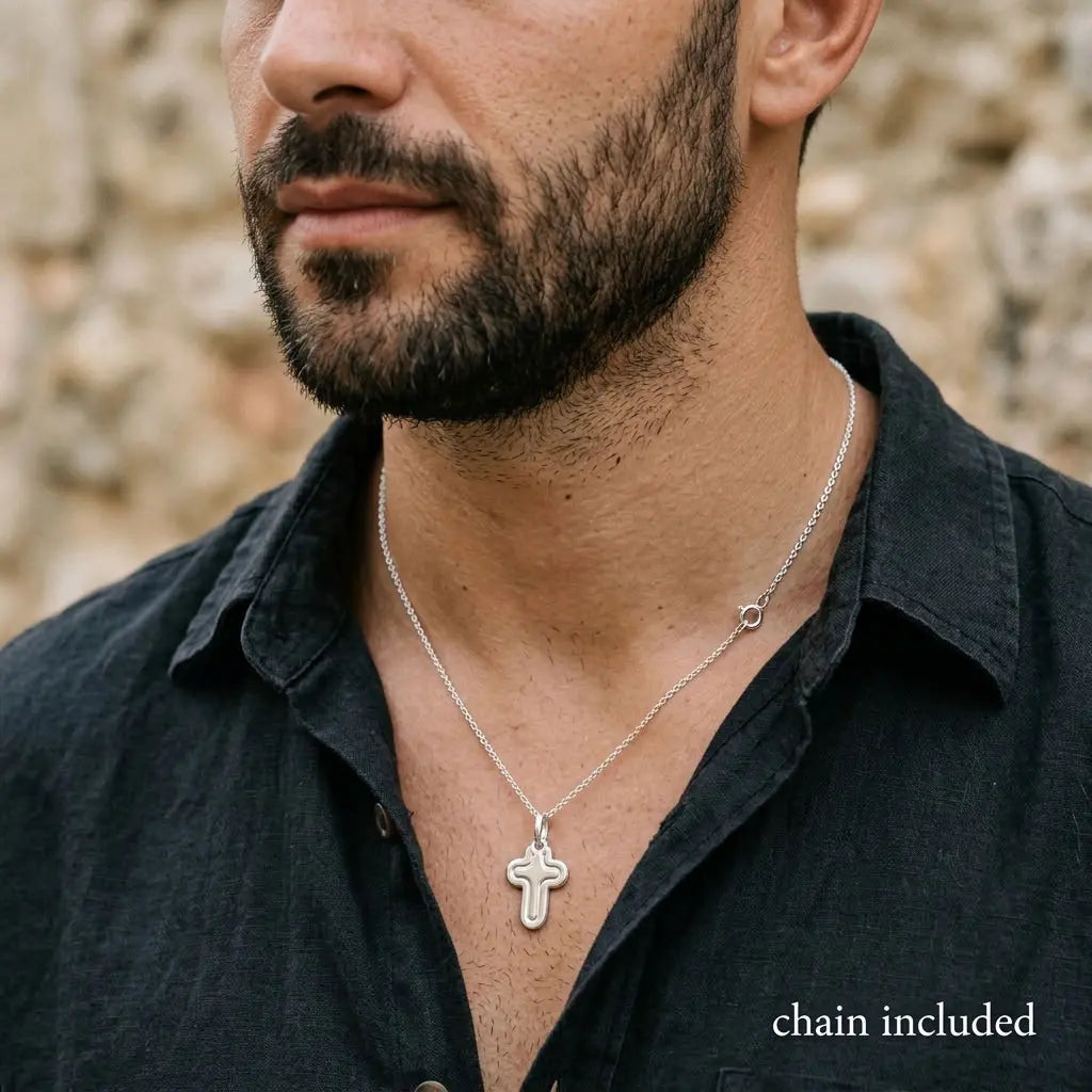 Men's 925 sterling silver cross necklace worn with 18 inch chain.