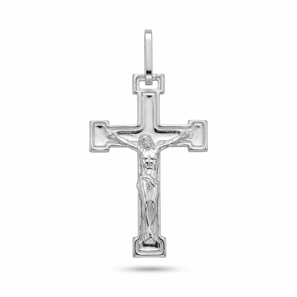 Men's sterling silver crucifix pendant with raised Corpus and stepped polished frame on white background in Dubai.