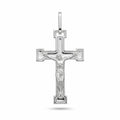 Men's sterling silver crucifix pendant with raised Corpus and stepped polished frame on white background in Dubai.
