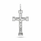 Men's sterling silver crucifix pendant with raised Corpus and stepped polished frame on white background in Dubai.