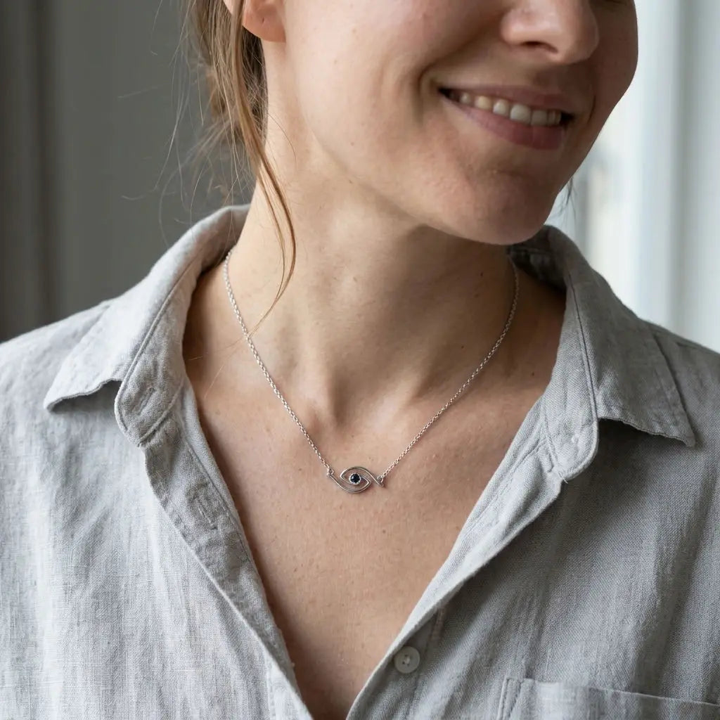 Blue cubic zirconia openwork evil eye station necklace worn at the neckline with a grey shirt.