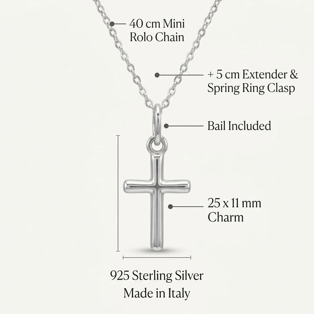 Minimalist cross necklace showing 25 × 11 mm solid silver cross and 40 cm mini rolo chain with 5 cm extender.