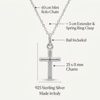 Minimalist cross necklace showing 25 × 11 mm solid silver cross and 40 cm mini rolo chain with 5 cm extender.