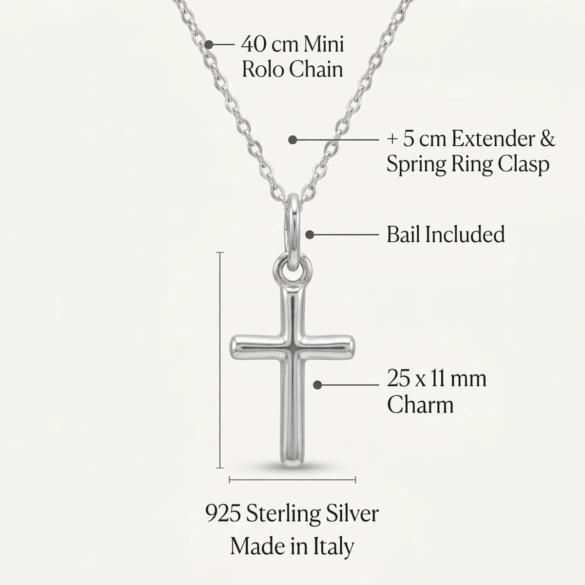 Minimalist cross necklace showing 25 × 11 mm solid silver cross and 40 cm mini rolo chain with 5 cm extender.