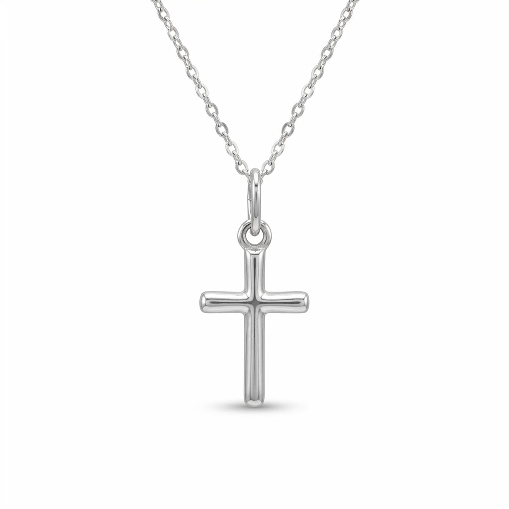 Minimalist 925 sterling silver cross necklace with plain rounded Latin cross and mini rolo chain.