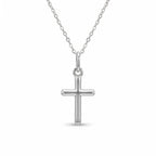 Minimalist 925 sterling silver cross necklace with plain rounded Latin cross and mini rolo chain.