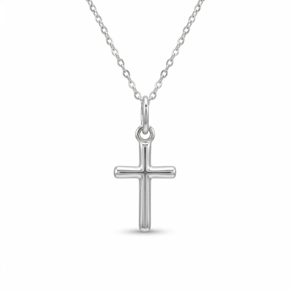 Minimalist 925 sterling silver cross necklace with plain rounded Latin cross and mini rolo chain.