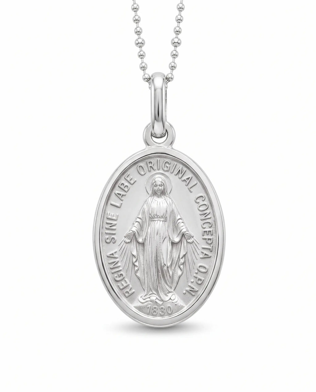 925 sterling silver Miraculous Medal necklace with Virgin Mary front.