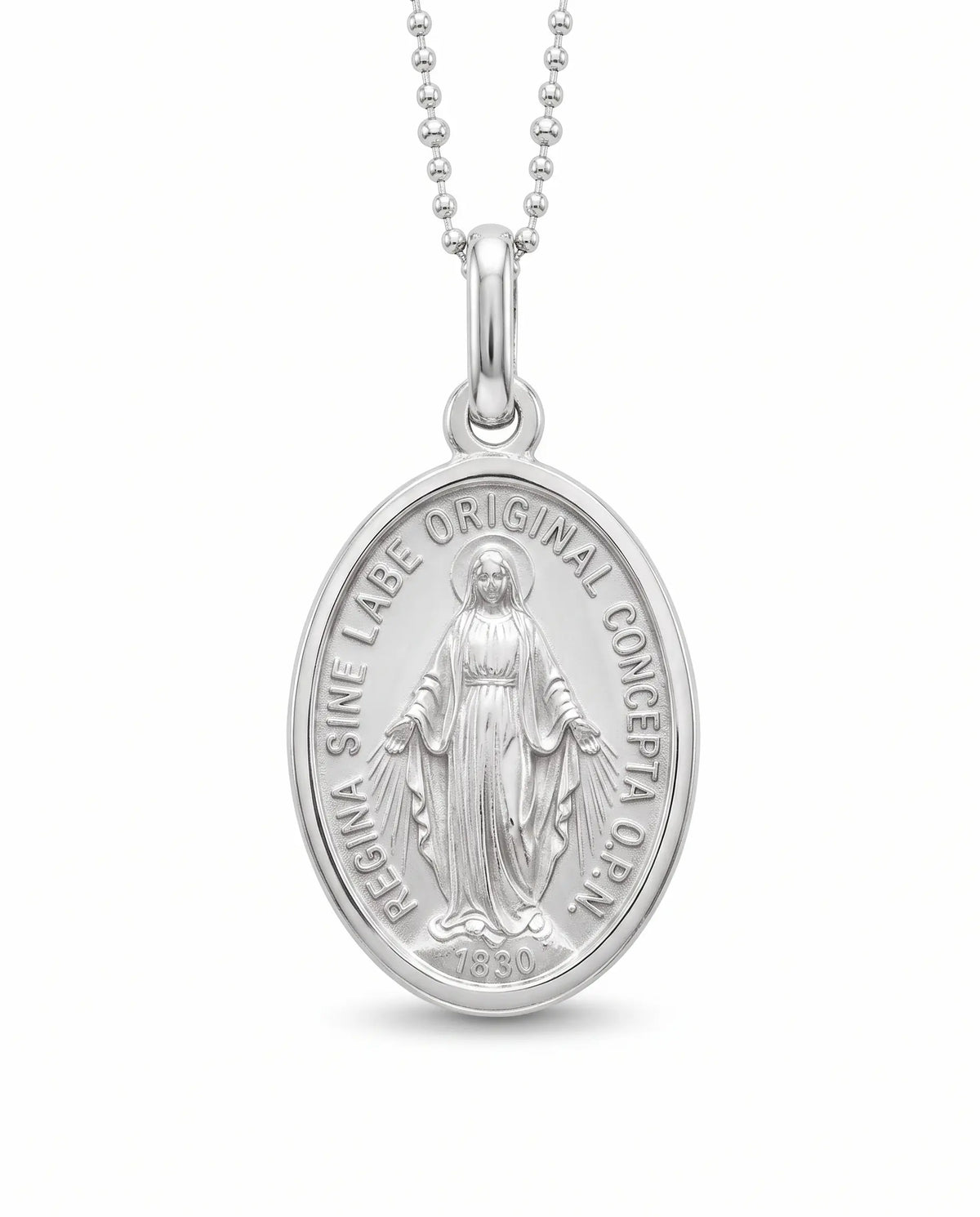 925 sterling silver Miraculous Medal necklace with Virgin Mary front.