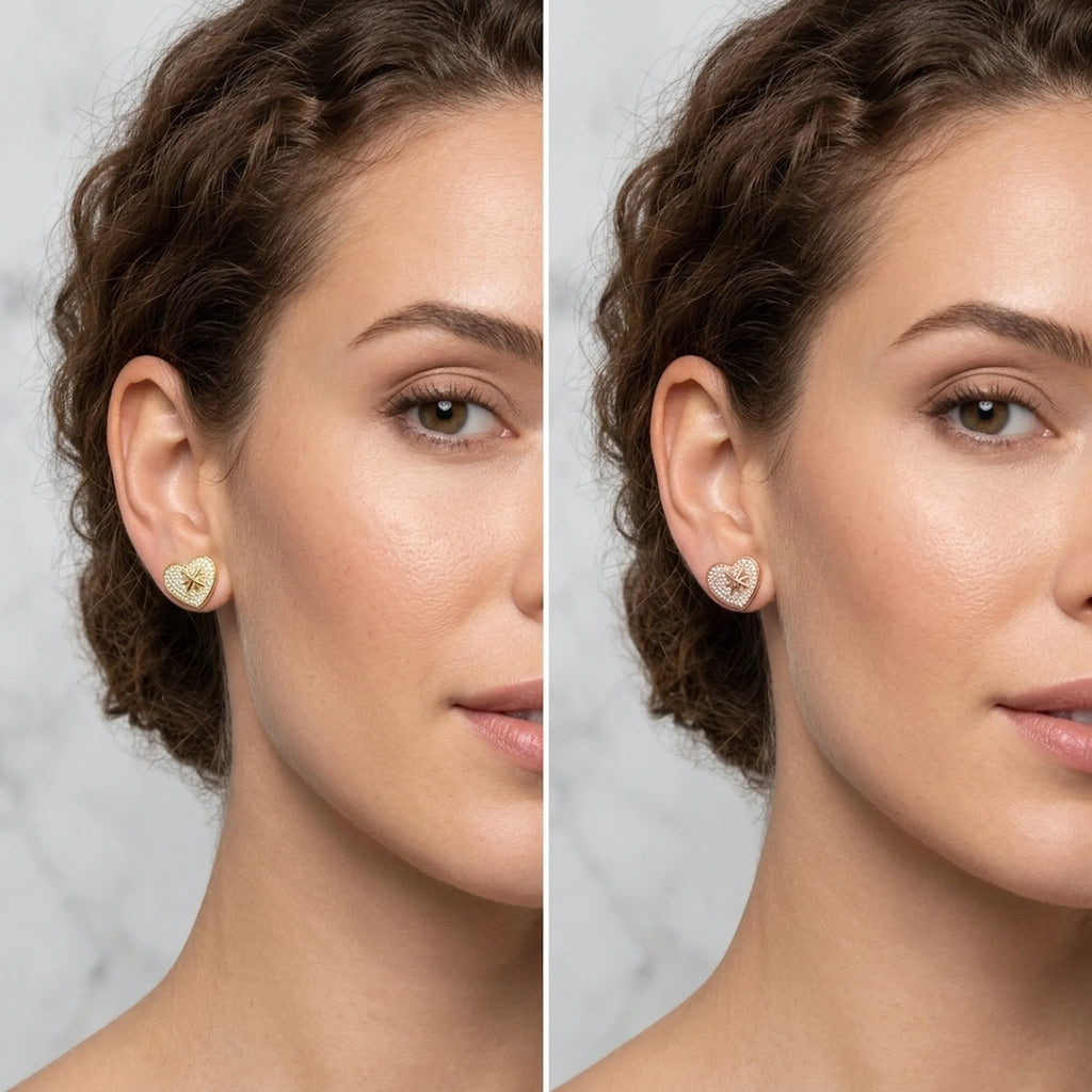 Model in Dubai wearing rhodium and rose gold plated 925 silver pavé heart earrings with cubic zirconia.