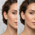 Model in Dubai wearing rhodium and rose gold plated 925 silver pavé heart earrings with cubic zirconia.