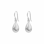 Molten Drop puffed teardrop earrings in 999 silver over 925 sterling — shepherd hook, high-polish finish, white background