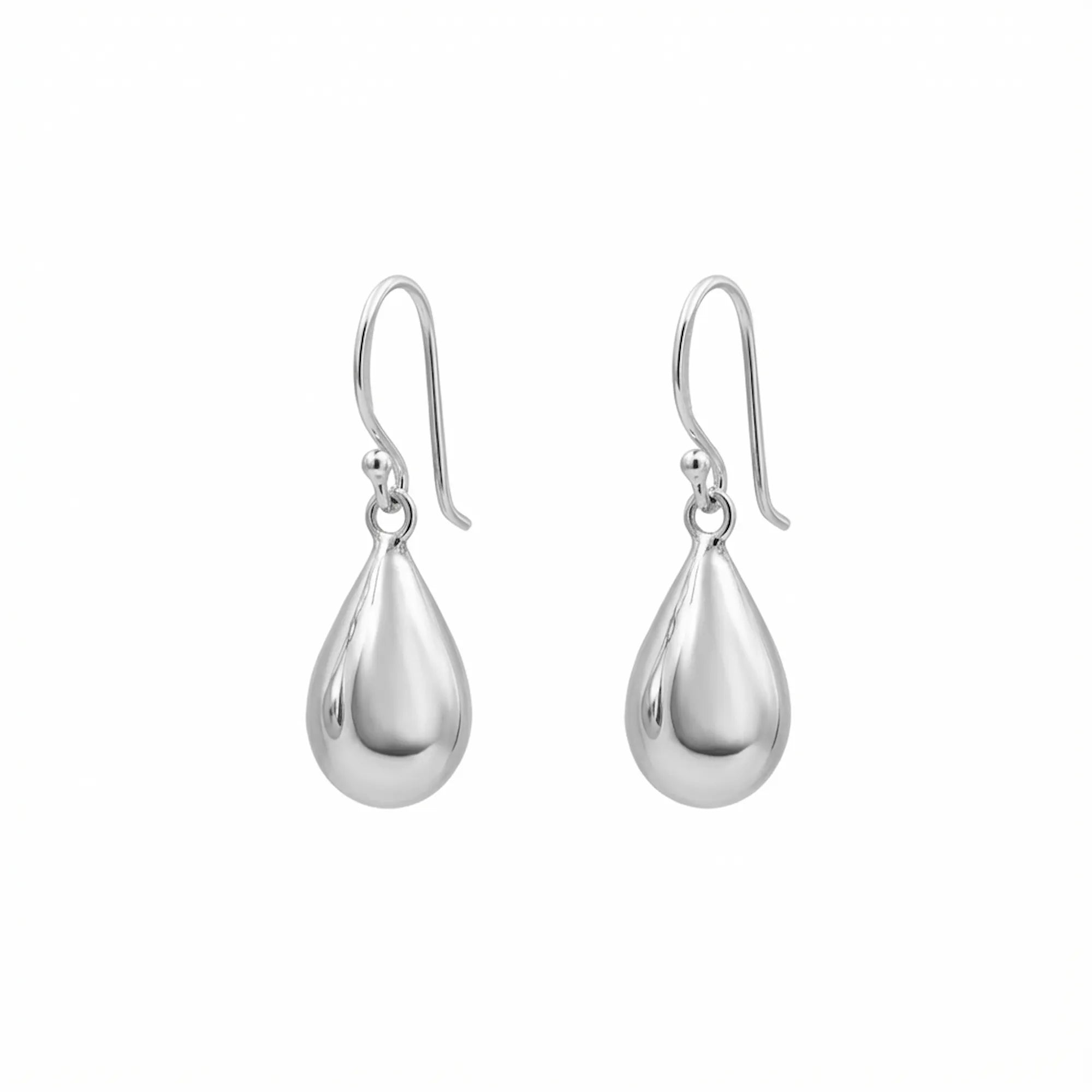 Molten Drop puffed teardrop earrings in 999 silver over 925 sterling — shepherd hook, high-polish finish, white background