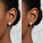 Mosaic pavé cubic zirconia stud earrings shown close on the lobe in silver and gold — 925 sterling silver square studs