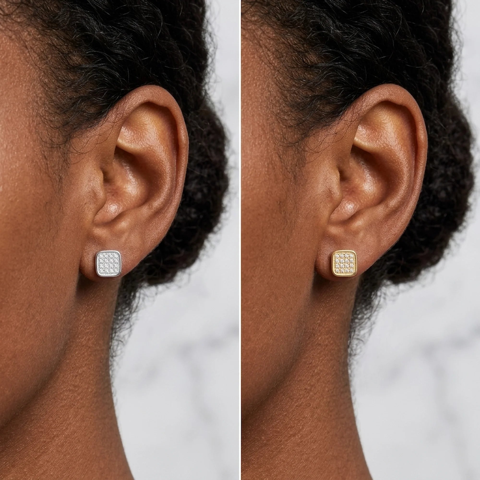 Mosaic pavé cubic zirconia stud earrings shown close on the lobe in silver and gold — 925 sterling silver square studs