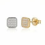 Mosaic pavé cubic zirconia stud earrings in gold and rhodium 925 sterling silver on white background — butterfly back