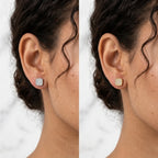 Mosaic pavé cubic zirconia stud earring worn on the ear in silver and gold finishes — 925 sterling silver studs