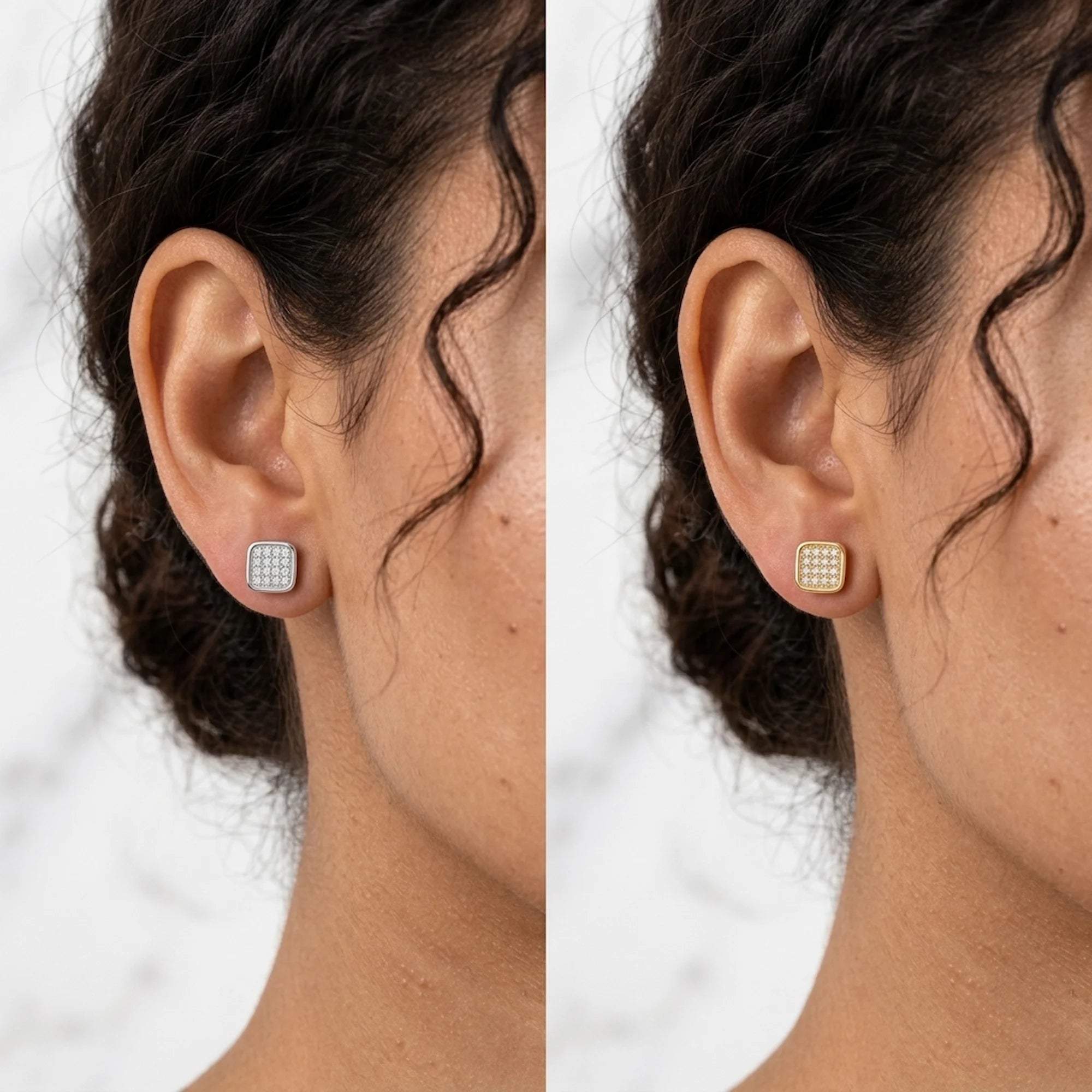 Mosaic pavé cubic zirconia stud earring worn on the ear in silver and gold finishes — 925 sterling silver studs