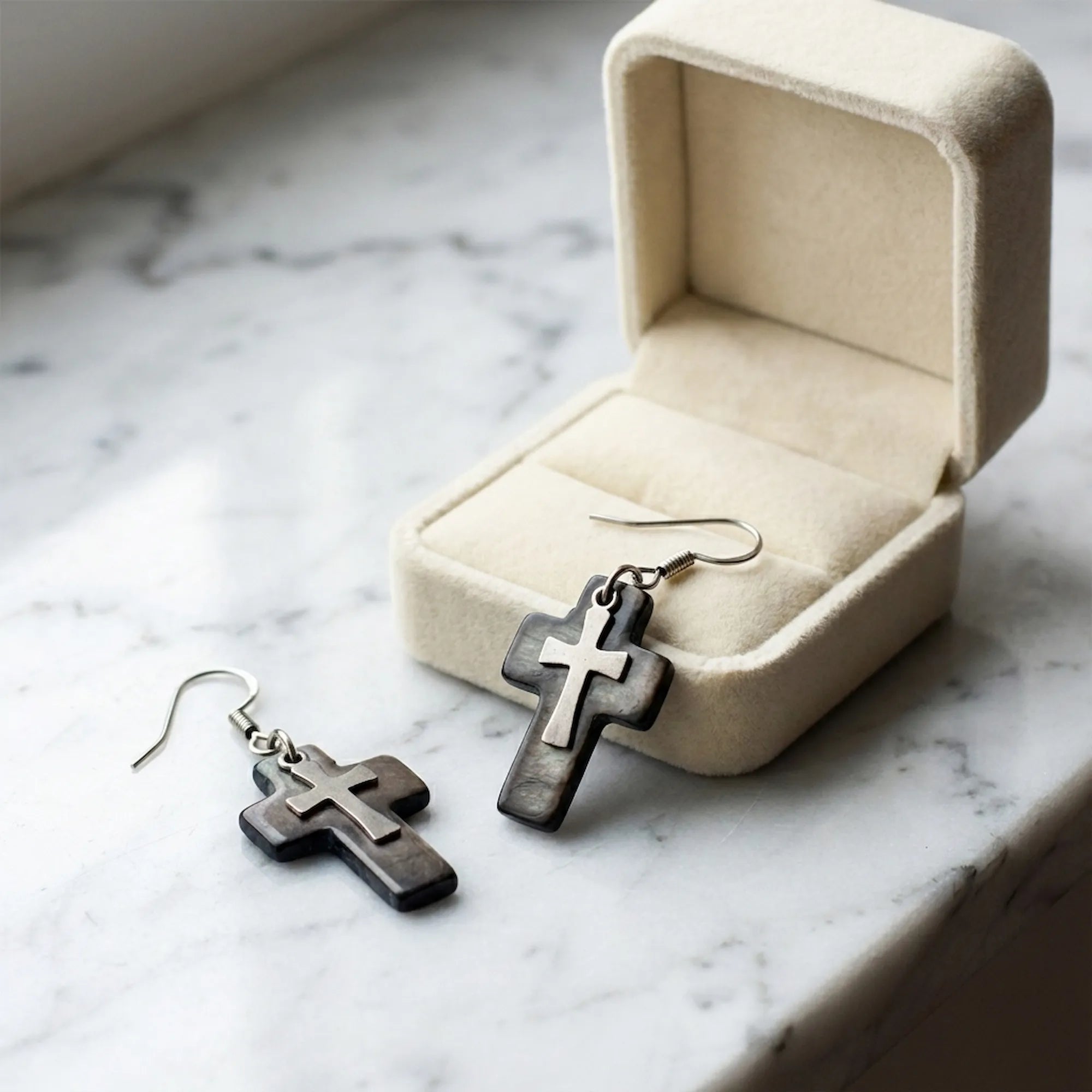 Tahitian black Mother of Pearl cross earrings beside cream velvet jewelry box on marble — faith gift earrings Dubai UAE